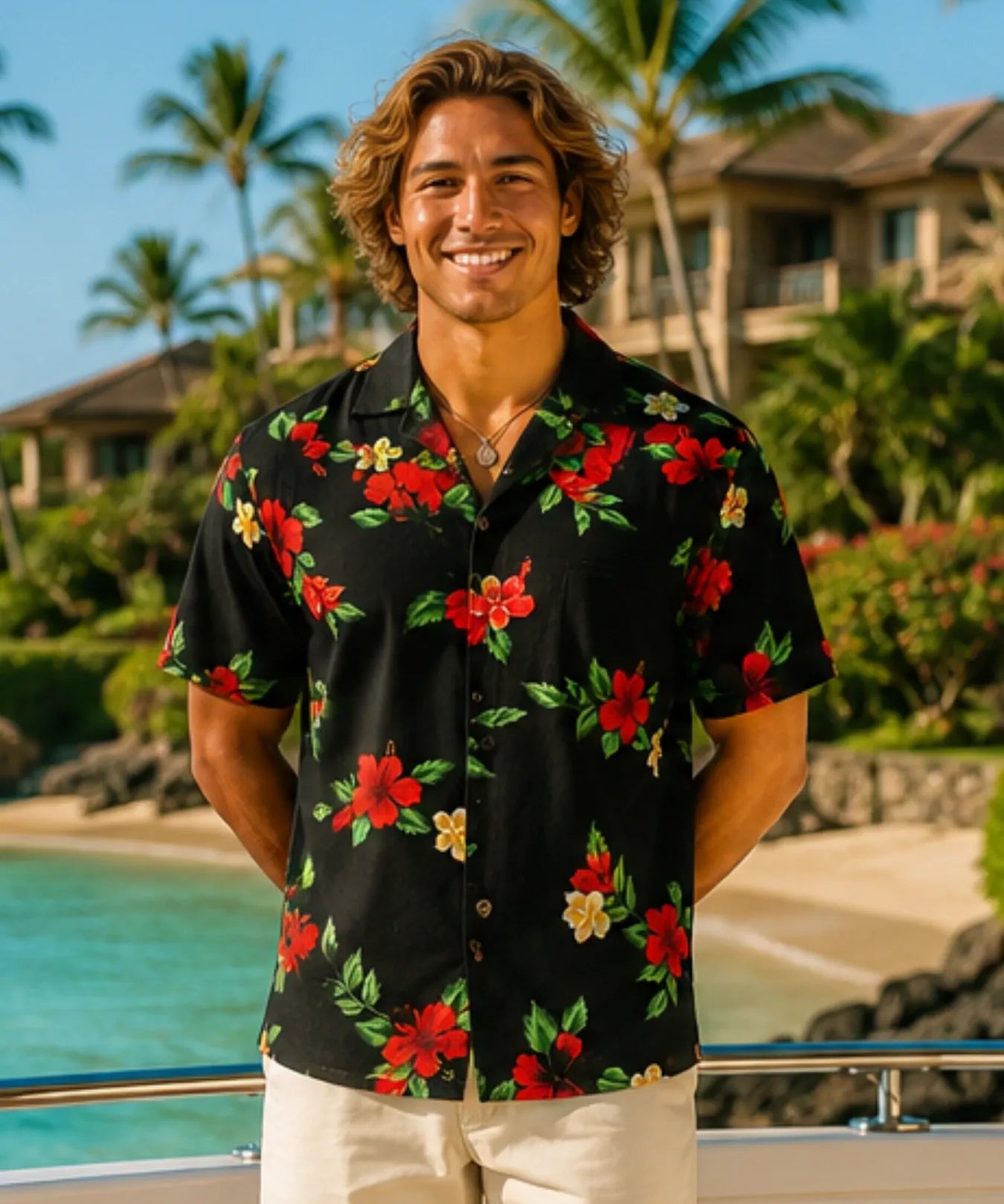 Black Cotton Red Hibiscus Hawaiian Shirt Black