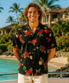 Black Cotton Red Hibiscus Hawaiian Shirt Black