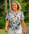 Short Sleeves Rayon Hibiscus Hawaiian Blouse Gray
