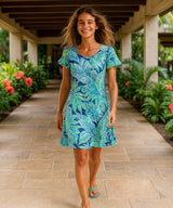 Palms Rayon Dress with Cap Sleeves Navy