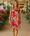 Hibiscus Watercolor Dress with Cap Sleeves Red