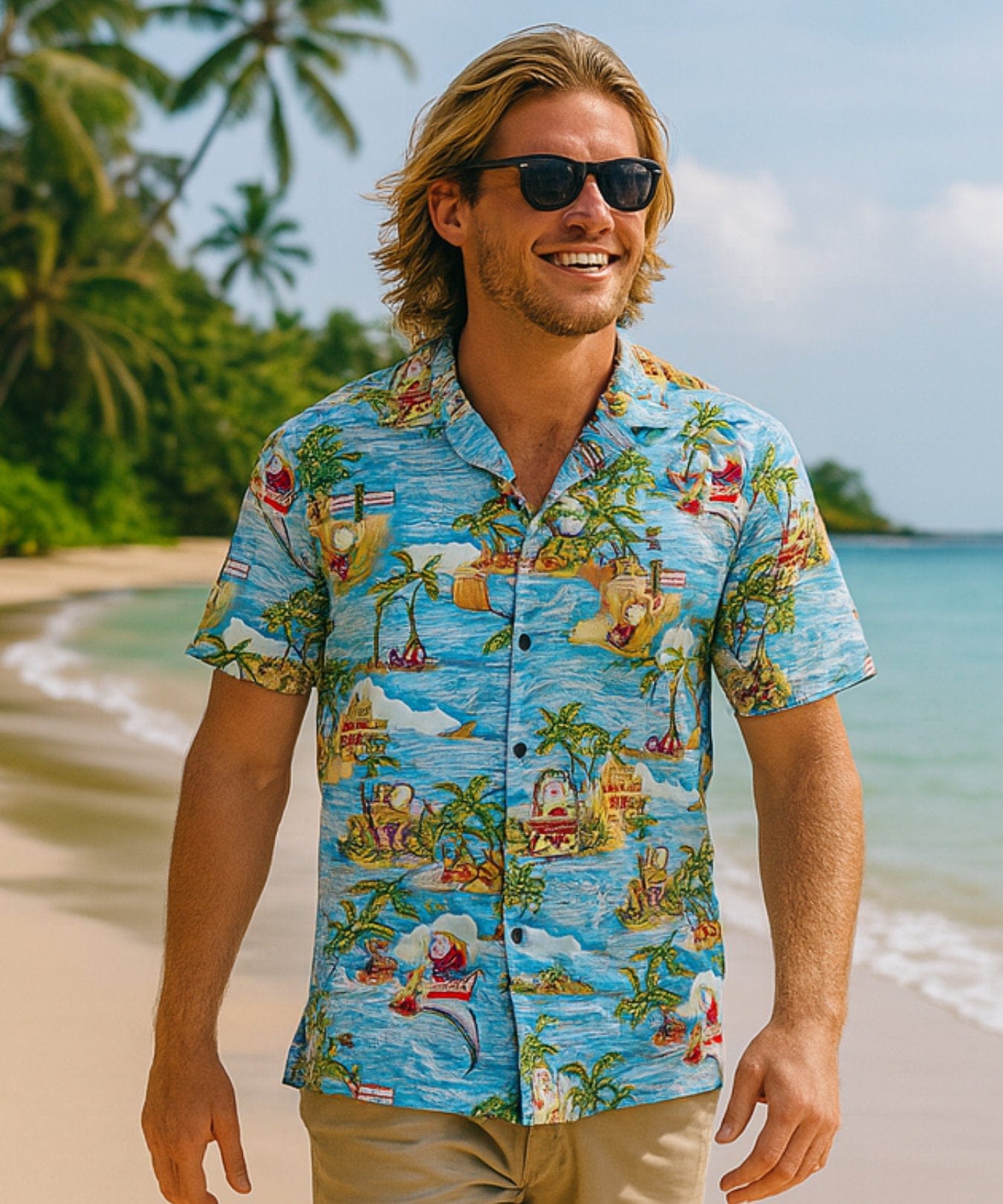Santa in Hawaii Cotton Men's Shirt Light Sky Blue