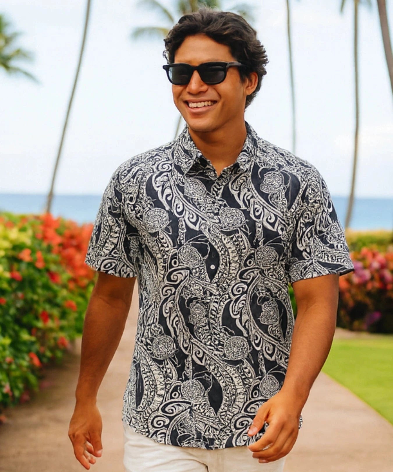 Ivy League Collar Button Up Men's Aloha Shirt Black