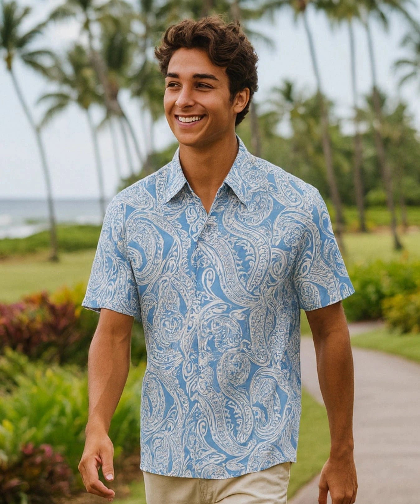 Ivy League Collar Button Up Men's Aloha Shirt Blue