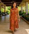 Full-Length Maxi Shirt Collar Rayon Dress Rust
