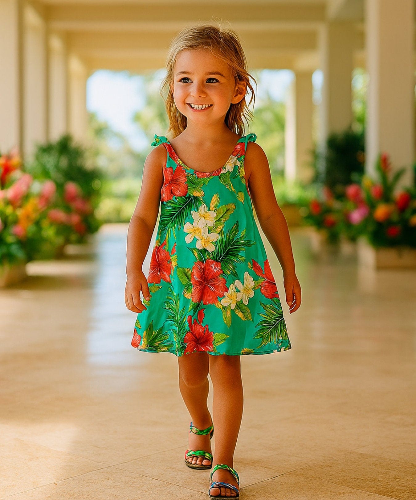 Hibiscus Girls Rayon V-Neck Tank Dress Aqua