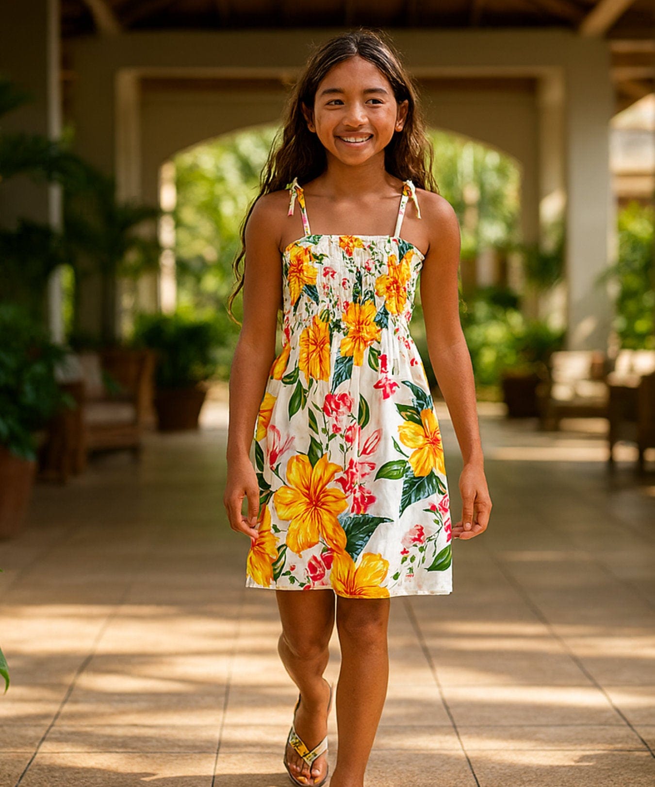 Girls Smock Rayon Hawaiian Dress Cream