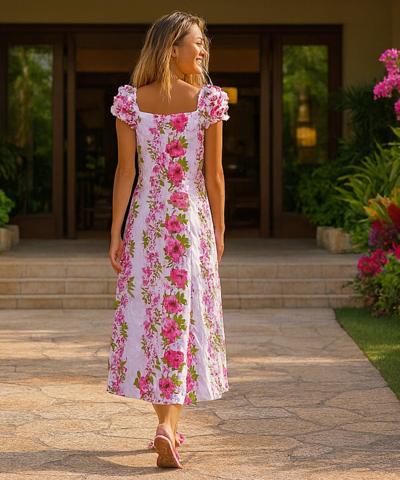 slim fit dress slacks Hawaiian Muumuu Naomi Slit Dress Long [ Monstera Lei ] Blue / XL / Polycotton main image 1