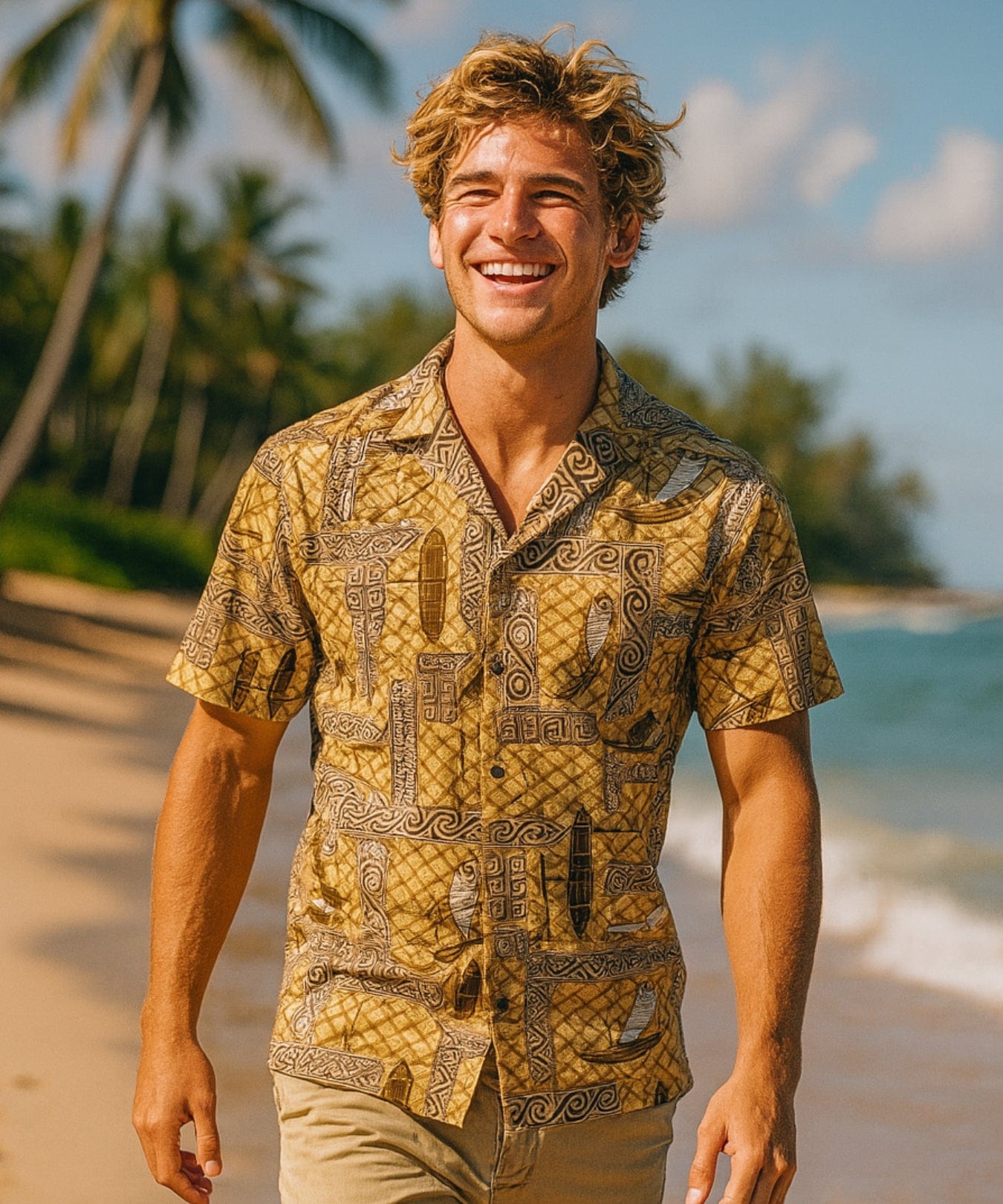 Outrigger Cotton Hawaiian Aloha Shirt Beige