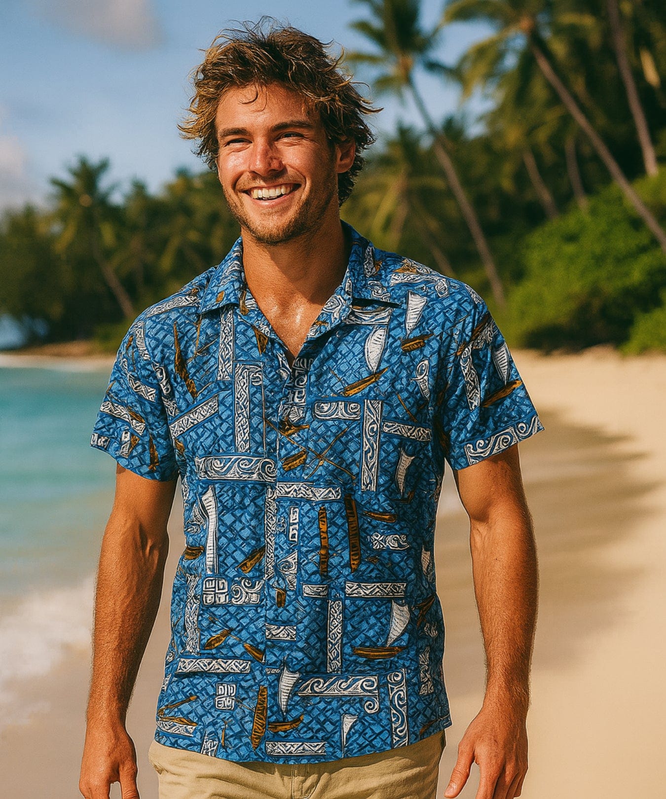 Outrigger Cotton Hawaiian Aloha Shirt Blue