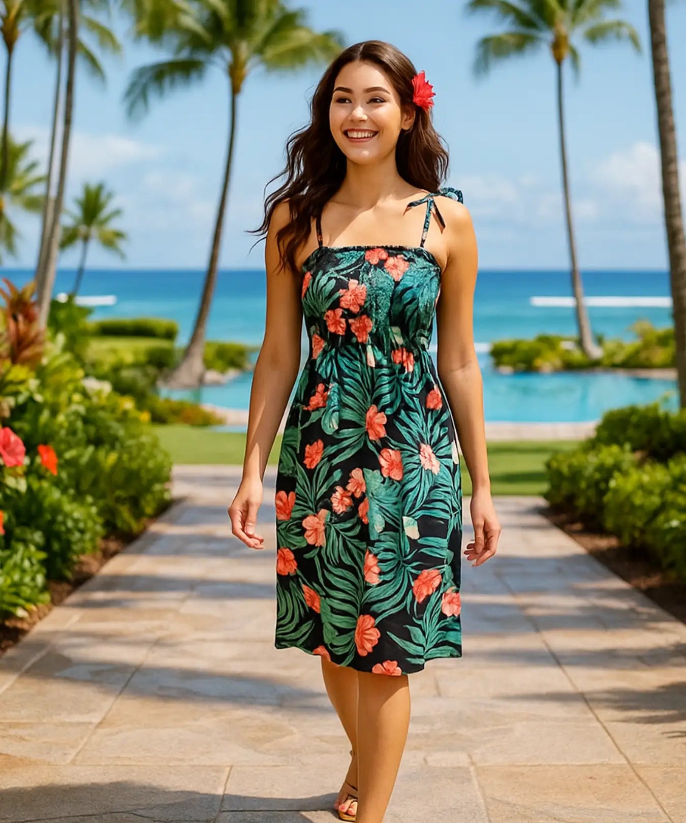 Short Smock Tube-Top Hawaiian Dress Black