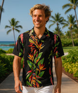 Birds of Paradise Panel Hawaiian Shirt Black