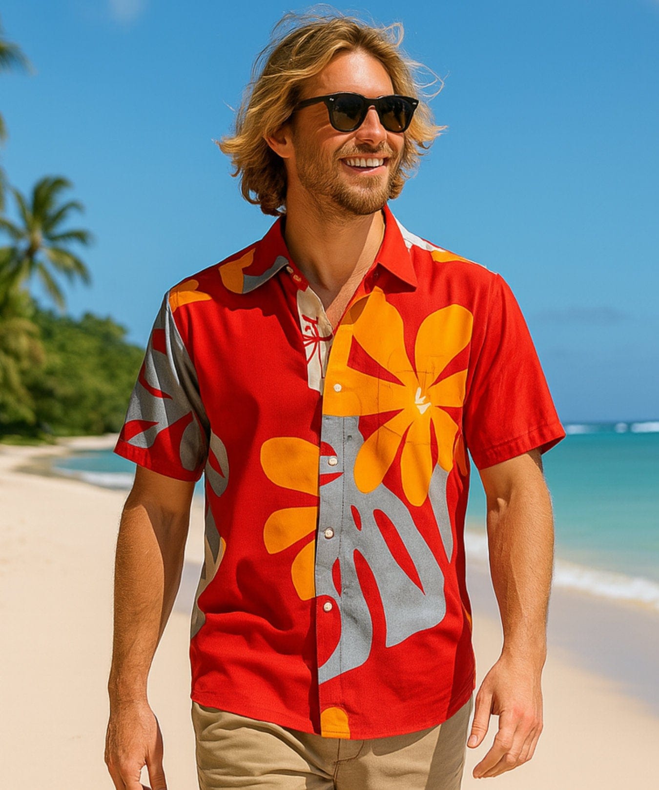 Tiare Monstera Men's Button Up Aloha Shirt Red