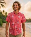 Open Collar Retro Pineapple Bamboo Rayon Shirt Coral