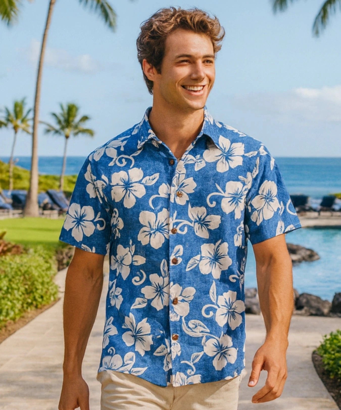 Short Sleeves Button Up Cotton Aloha Friday Shirt Blue