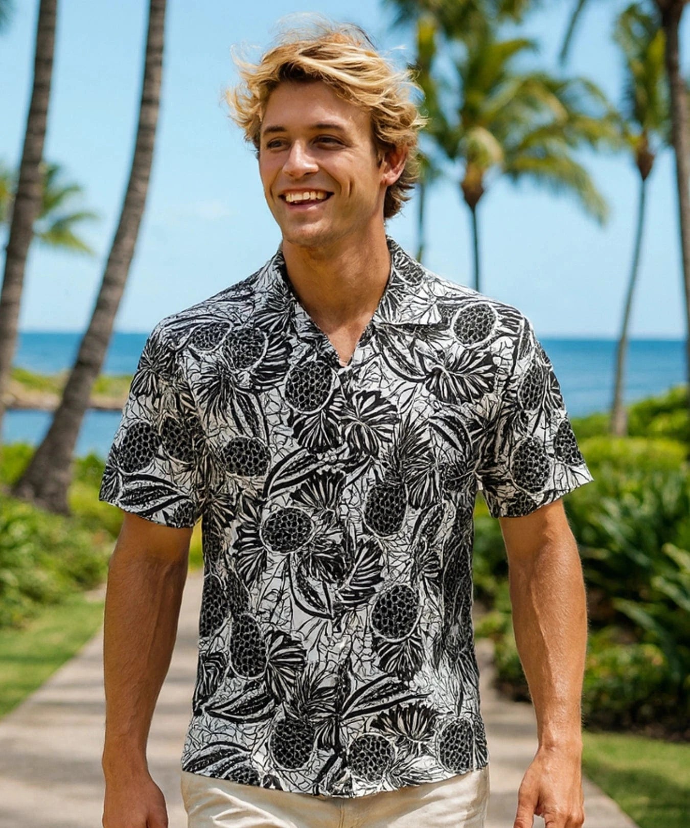 Short Sleeves Cotton poplin Pineapple Aloha Shirt Cream
