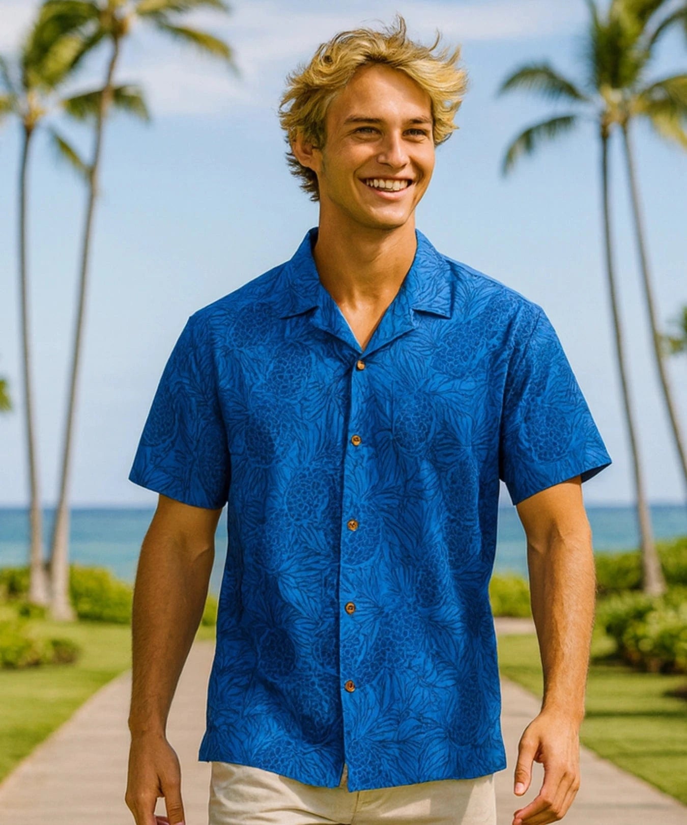 Short Sleeves Cotton poplin Pineapple Aloha Shirt Navy