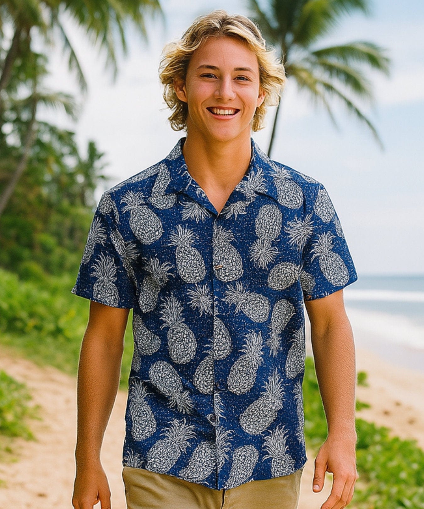 Sweet Pineapple Short Sleeves Aloha Shirt Navy