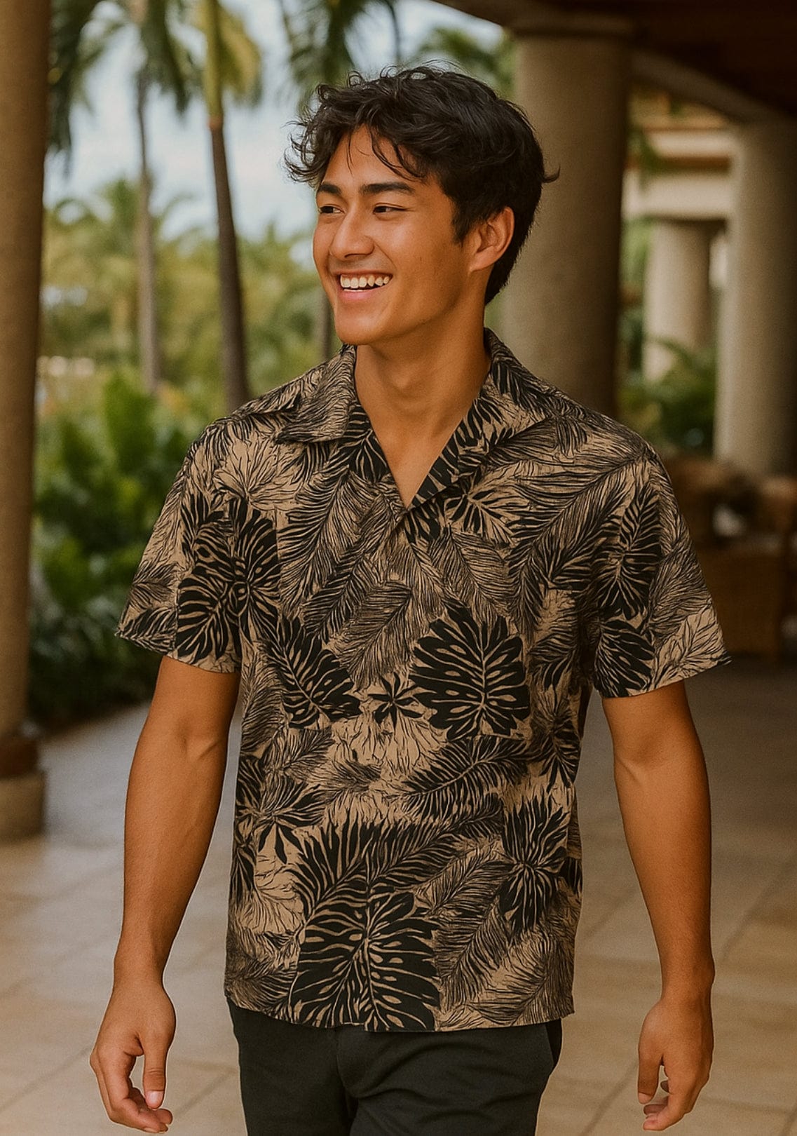 Short Sleeves Monstera Cotton Poplin Men's Shirt Black