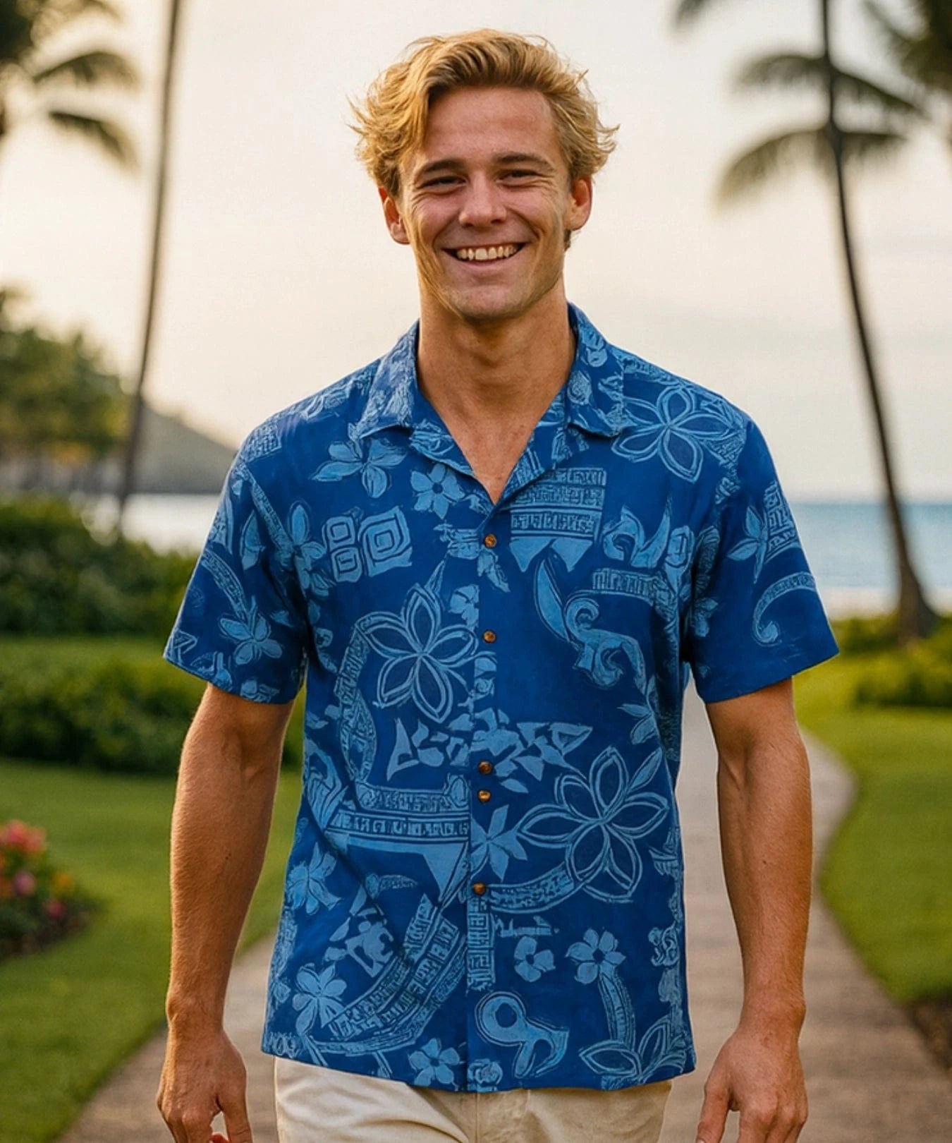 Tribal Polynesian Cotton Hawaiian Shirt Blue