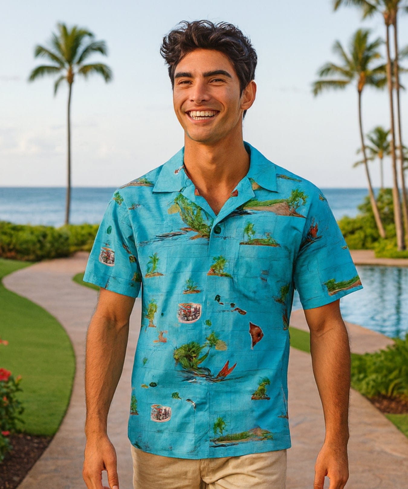 Hawaiian Islands Men's Aloha Shirt Aqua