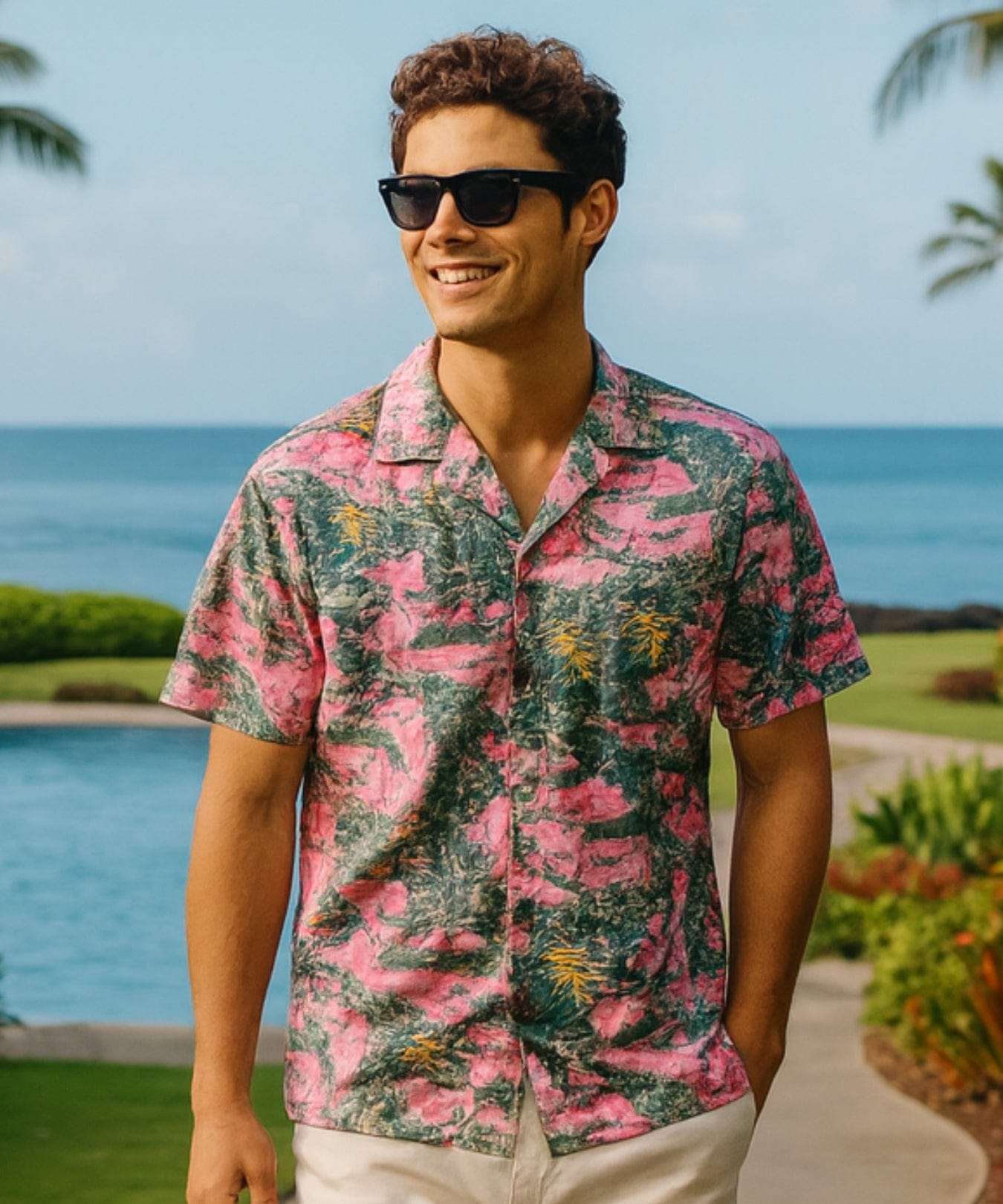 Fantasy Jungle Short Sleeves Men's Shirt Pink