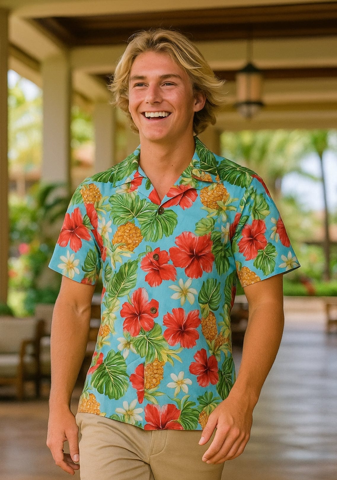 Hibiscus Pineapple Cotton Poplin Aloha Shirt Blue