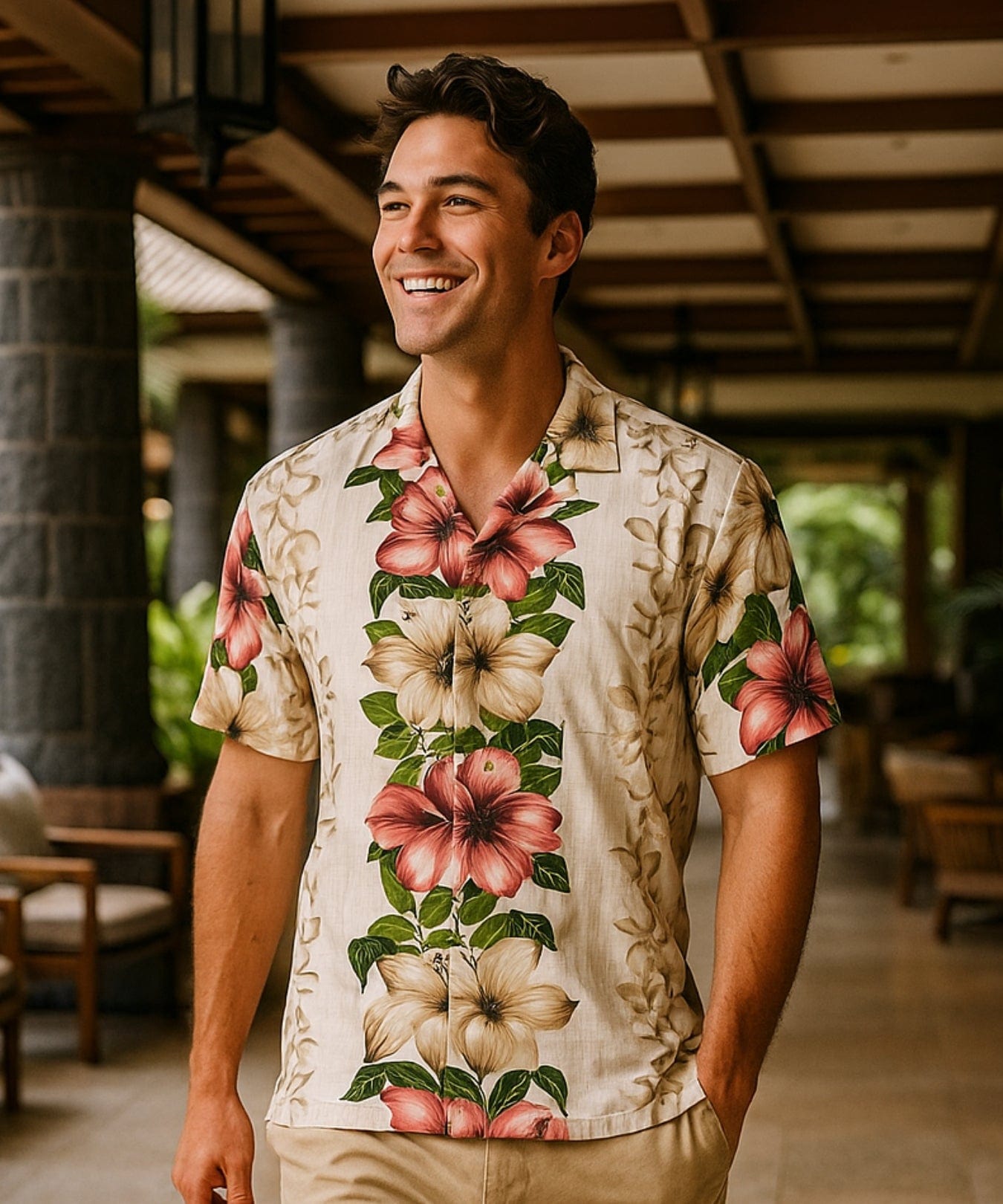 Men's Hibiscus Rayon Panel Island Shirt White