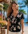 Hawaii Magnum PI Print Star Black Orchid V-Neck Blouse Black