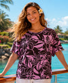 Hibiscus Dolman Sleeve Slit Ladies Brown Aloha Shirt Women Shirts
