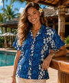 Honolulu Leis Women Camp Shirt Ocean Blue