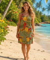 Retro Pineapples Rayon Midi Knee Length Dress Olive