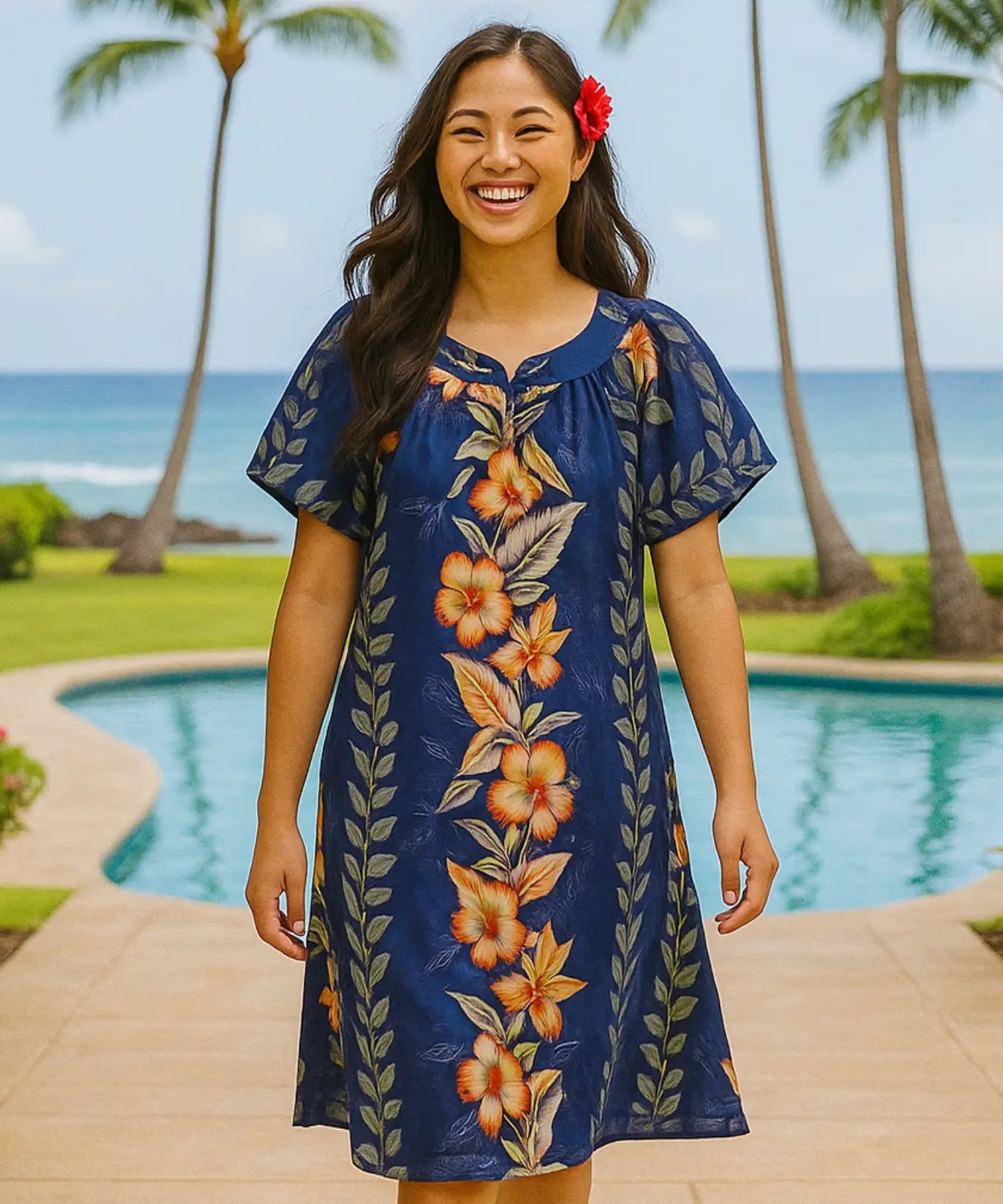 Camicia Hawaiana Denim E Flower Ricky Singh Piccola Foglia Floreale Blu