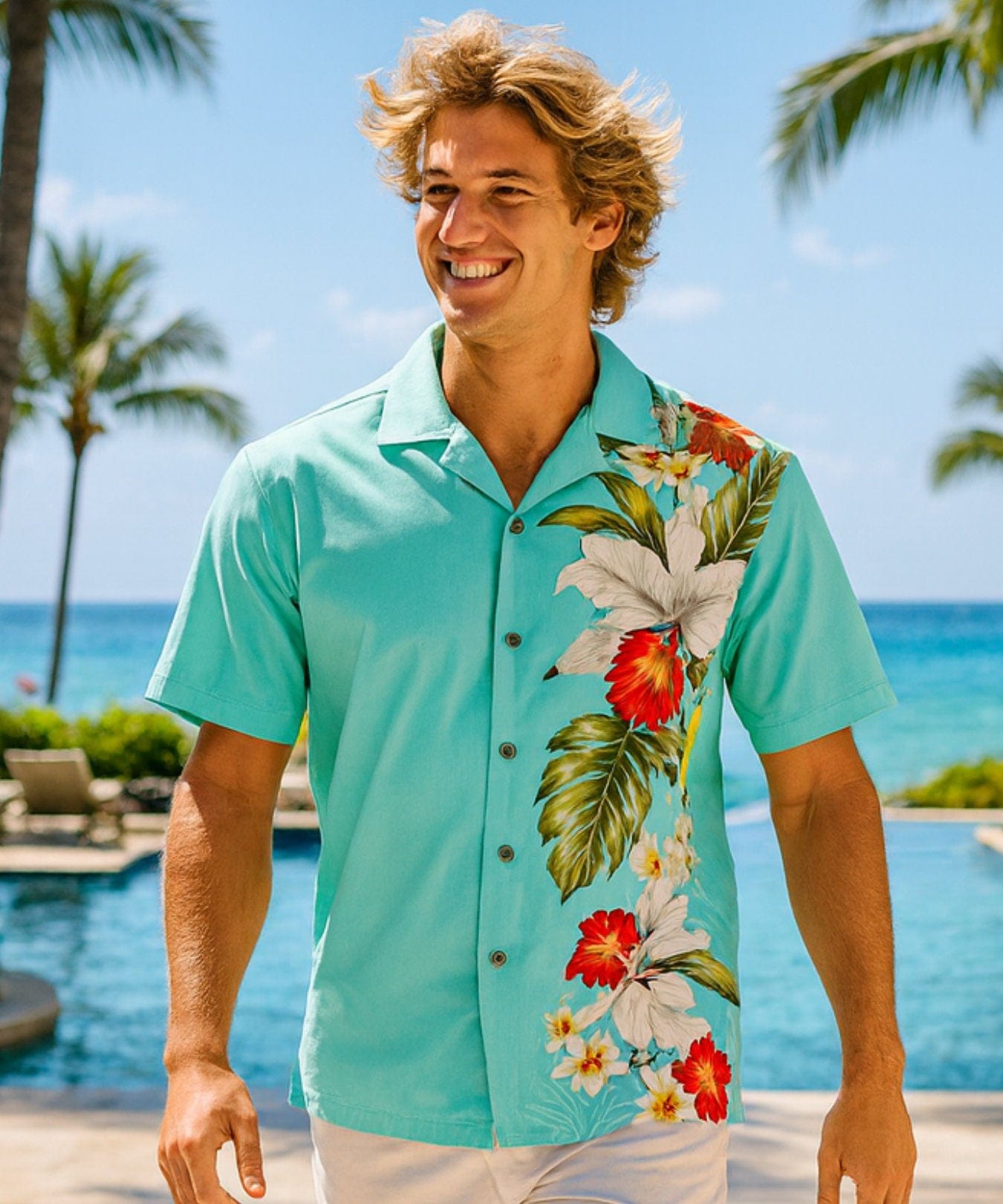 Orchids Side Panel Cotton Men's Aloha Shirt Aqua