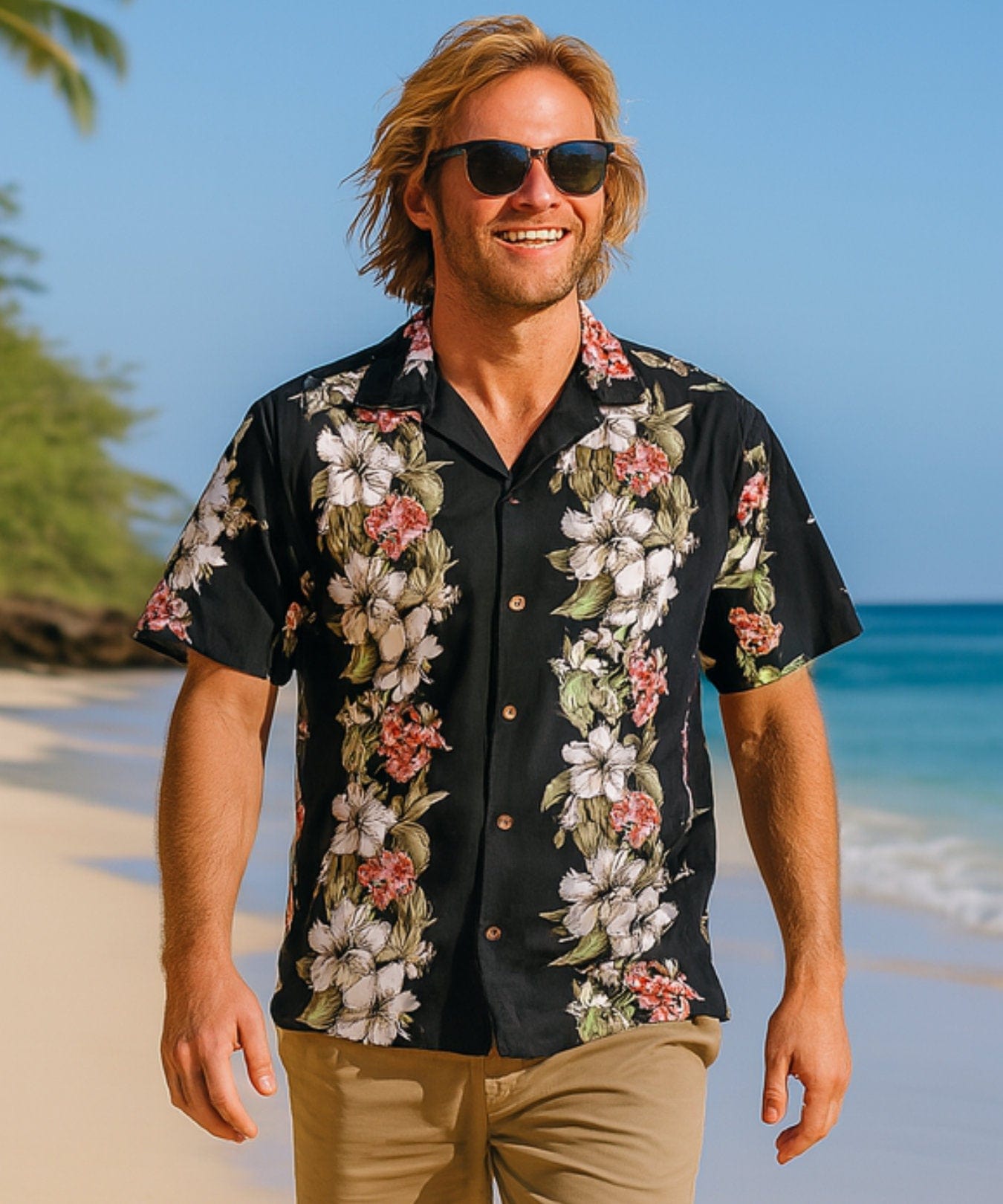 Hibiscus Panel Cotton Hawaiian Shirt Black
