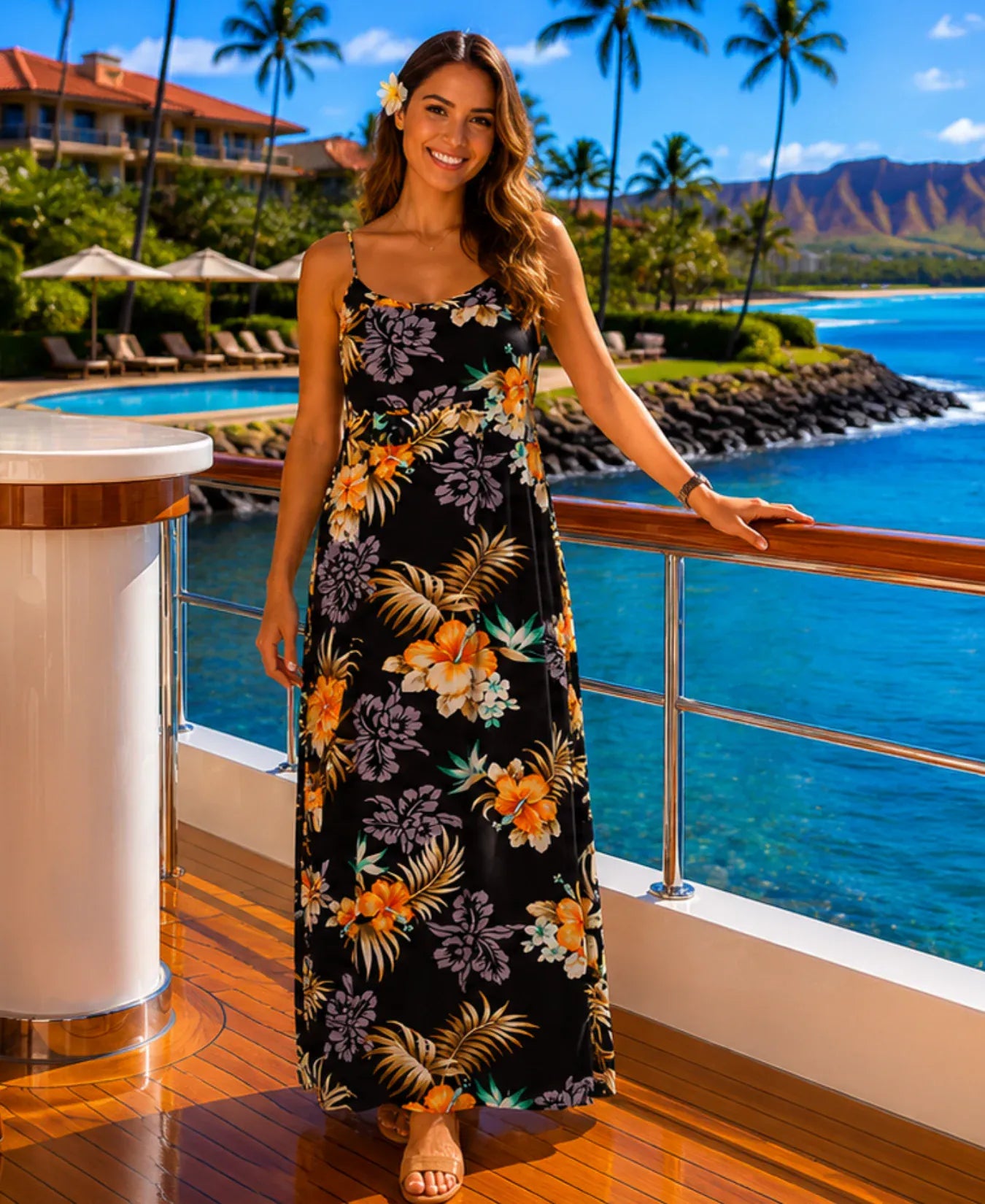 Kekoa Round Neckline Cocktail Maxi Dress Black
