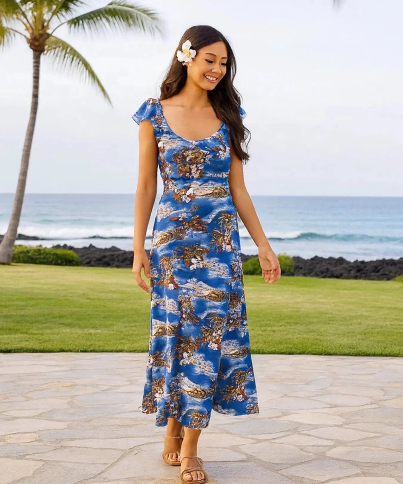 Blue Hawaii Long Maxi Rayon Hawaiian Dress Blue / L Blue Hawaii Long Maxi Rayon Hawaiian Dress Blue / L