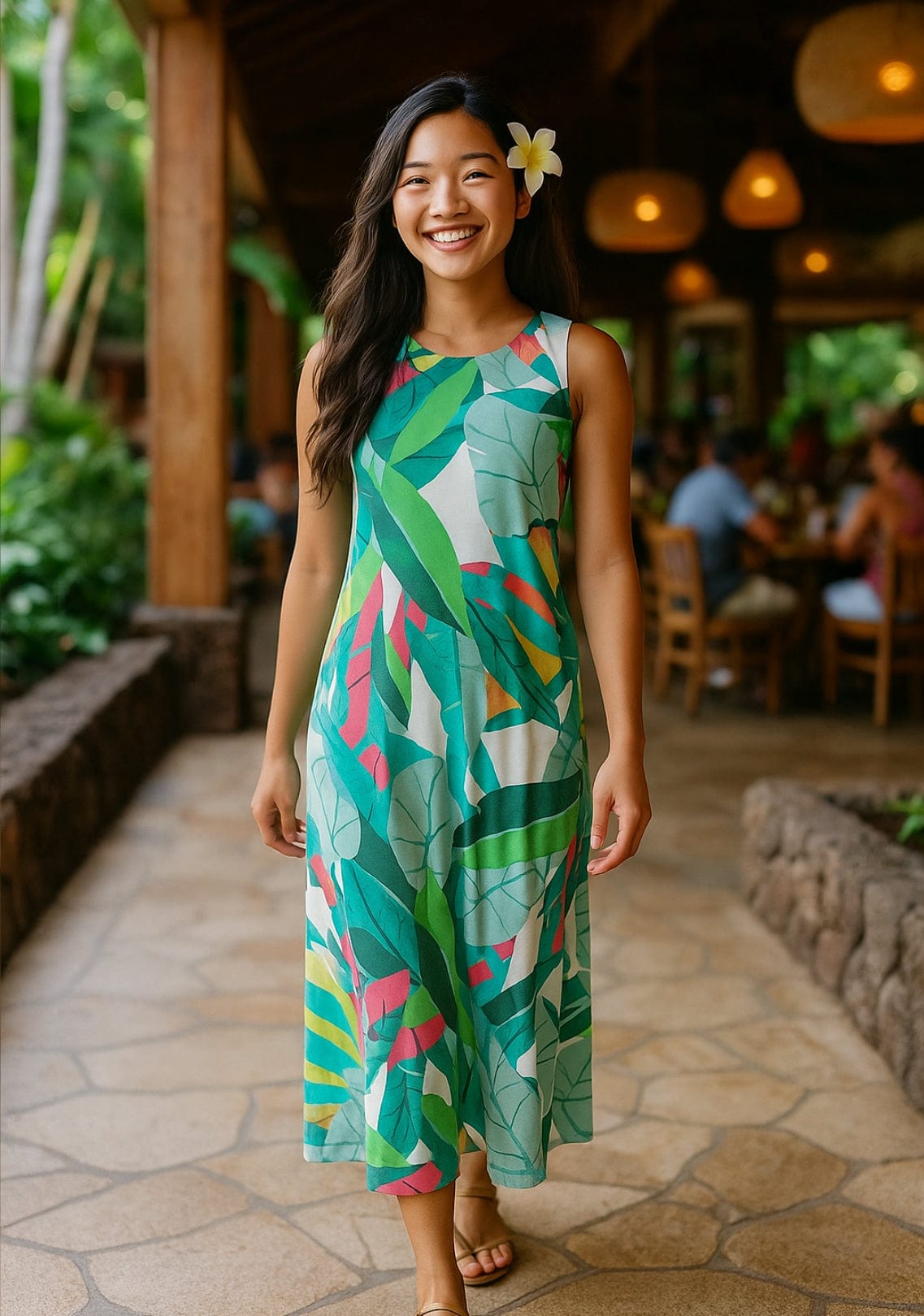Pull Over Long Hawaiian Plantation Dress Green