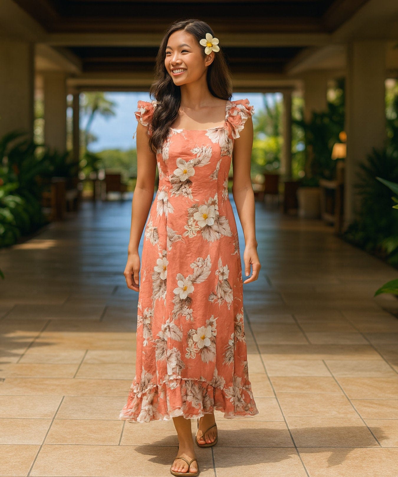 Palolo Long Muumuu Hawaiian Dress Peach