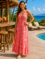 Bamboo Pineapple Long Maxi Hawaiian Dress Coral