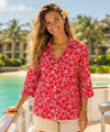 Hibiscus Ladies 3/4 Sleeves Cotton Hawaiian Shirt Red