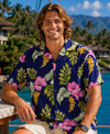 Short Sleeves Lanai Hibiscus Men's Navy Rayon Aloha Shirt 