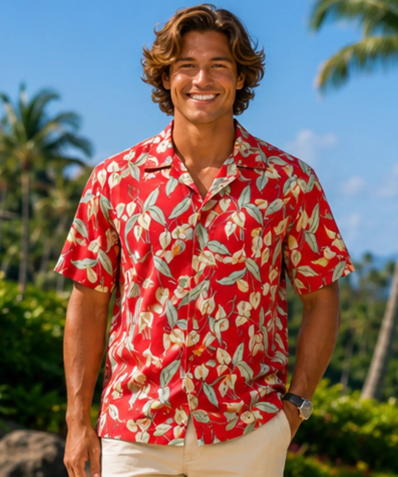 Magnum PI Anthurium Men's Aloha Shirt Red