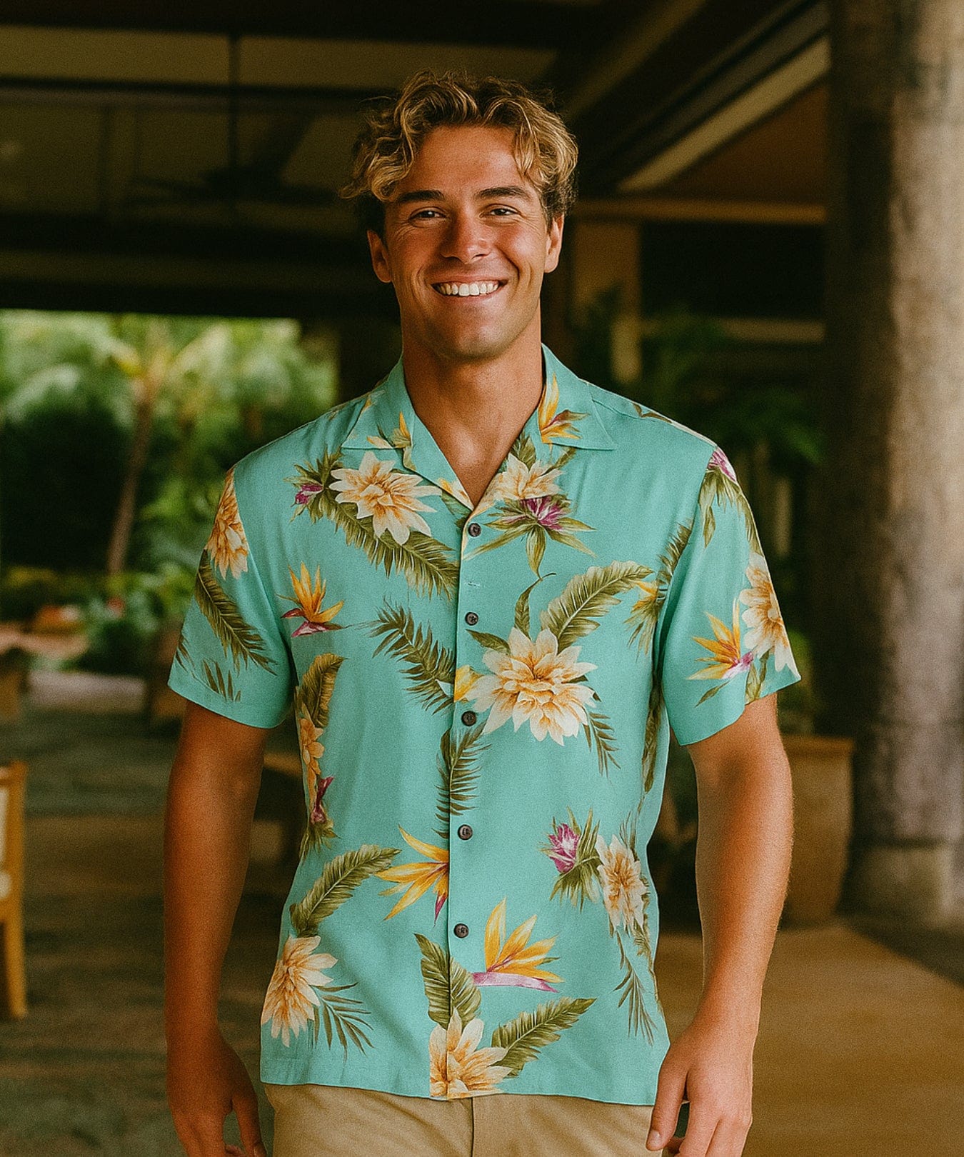 Short Sleeves Ceres Rayon Men's Hawaiian Shirt Green