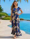 Wainapanapa Orchids Cap Sleeves Maxi Hawaiian Dress Navy Long Maxi Dress