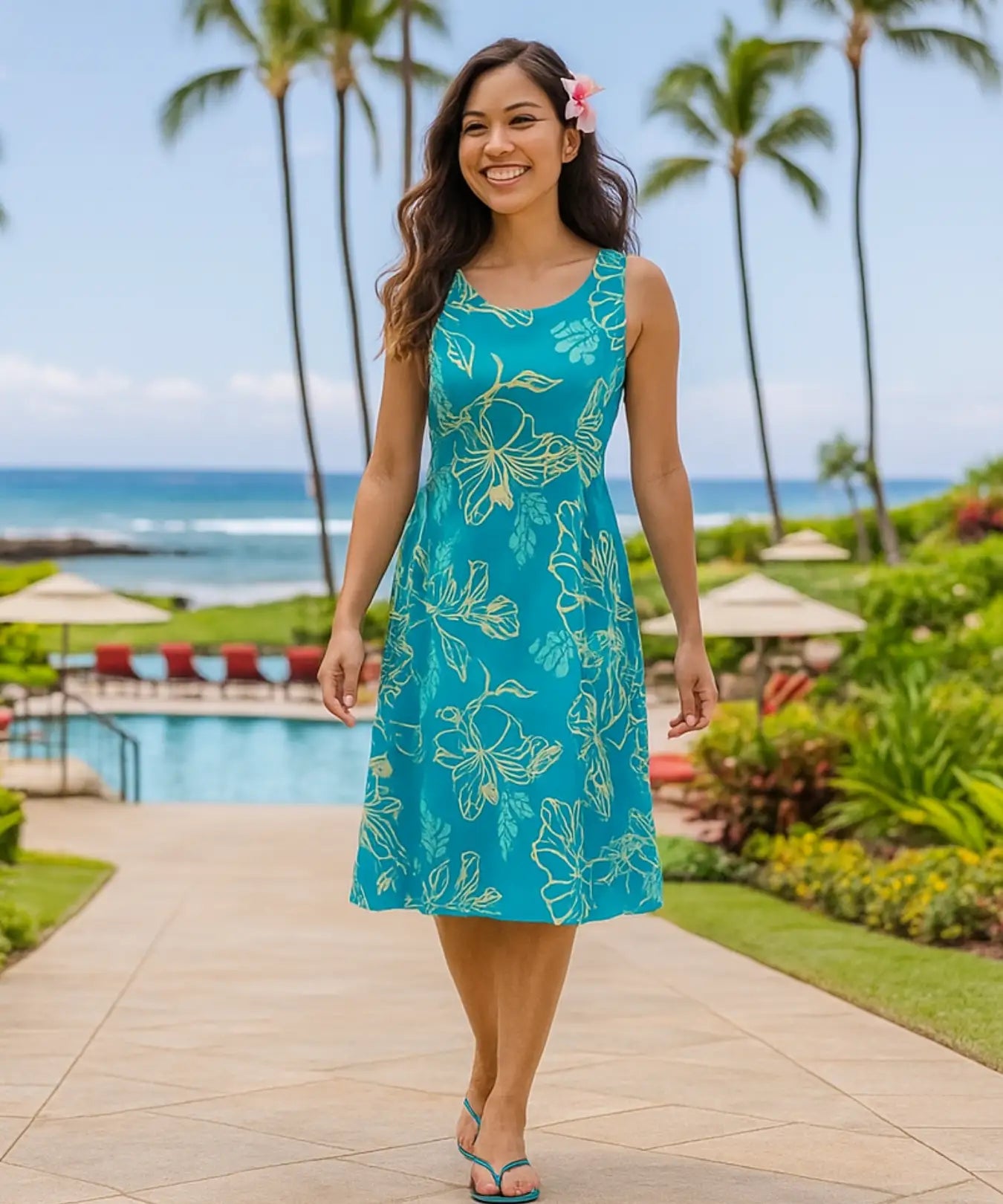 Rayon Hibiscus Midi Hawaiian Dress Teal