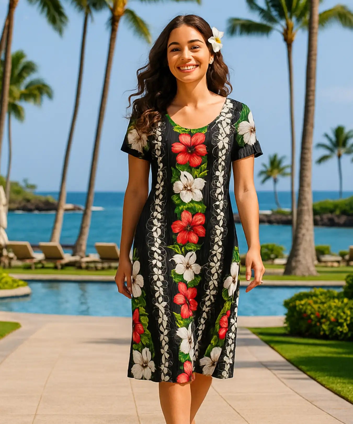 Rayon Cap Sleeves Panel Hawaiian Dress Black