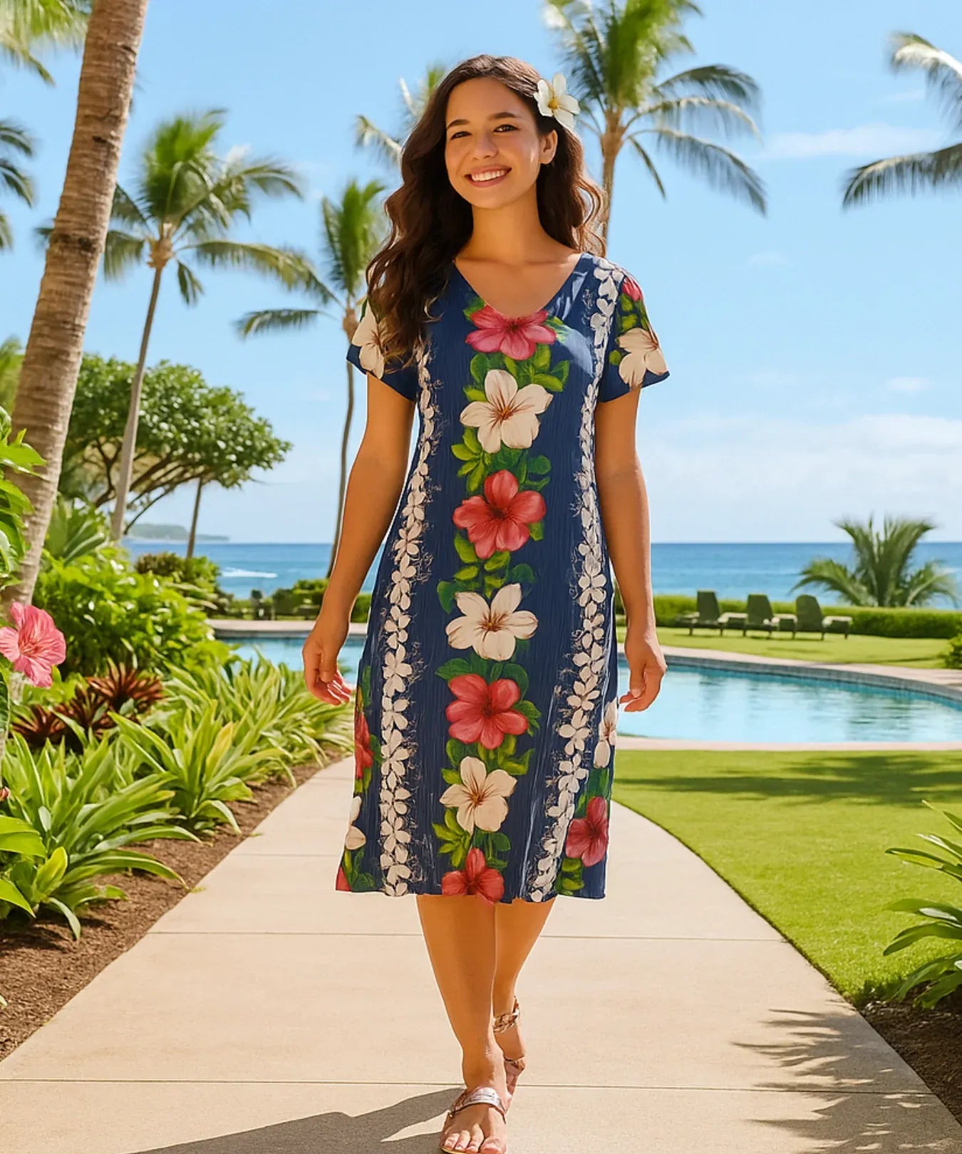 Rayon Cap Sleeves Panel Hawaiian Dress Navy