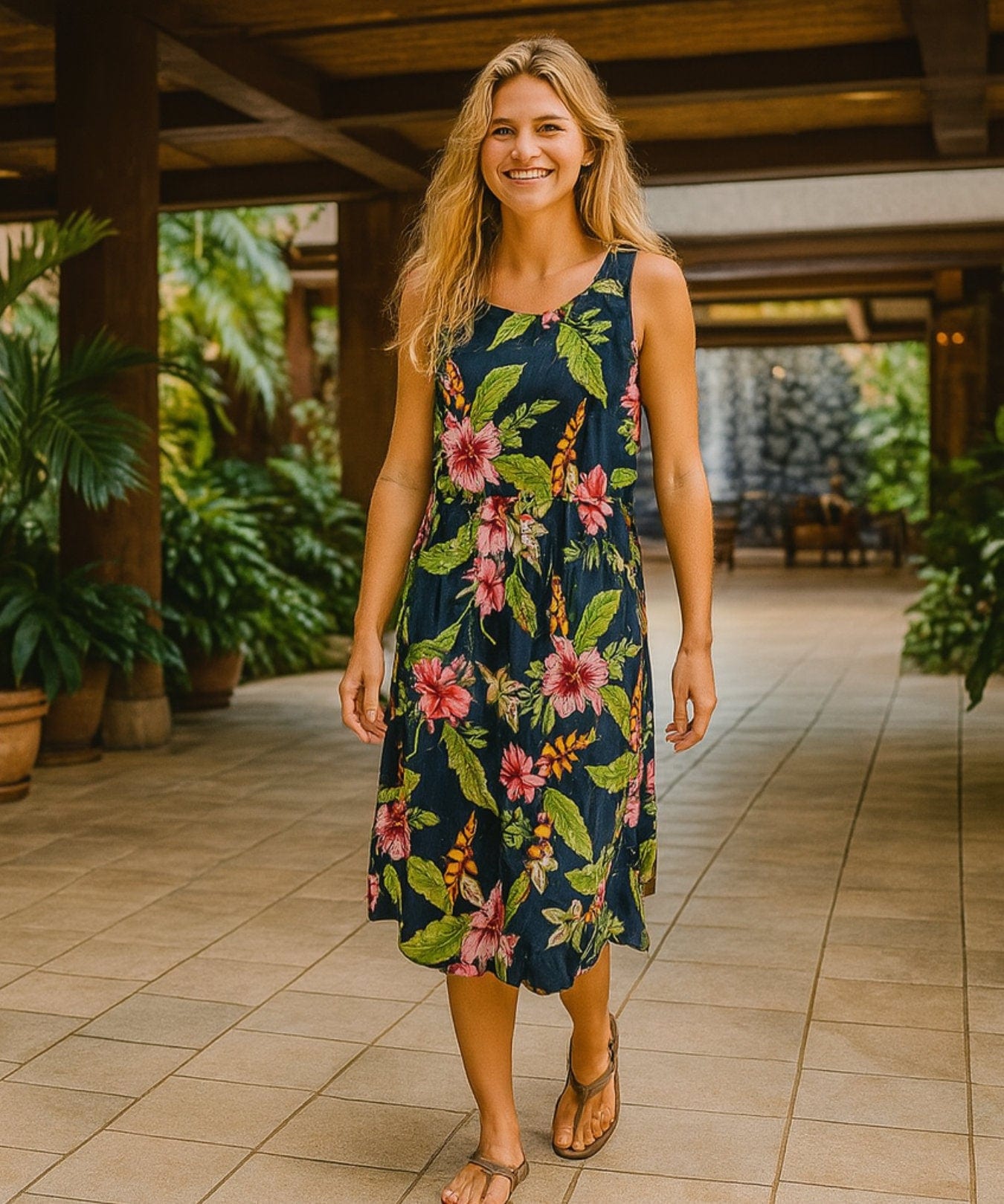 Rayon Pullover Sleeveless Elegant Tropical Dress Navy