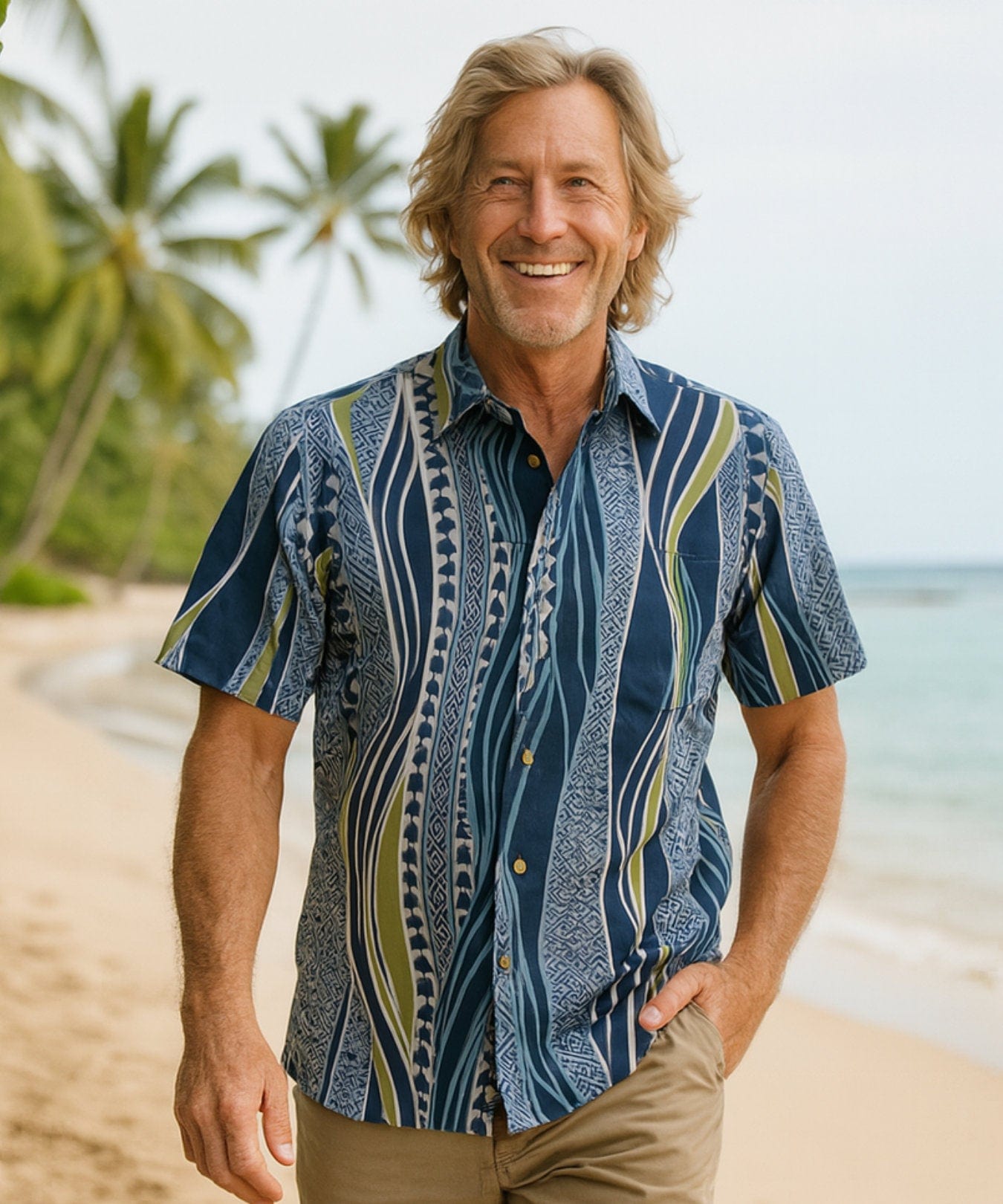 Resort Tail Hem Pacific Tapa Hawaiian Shirt Navy